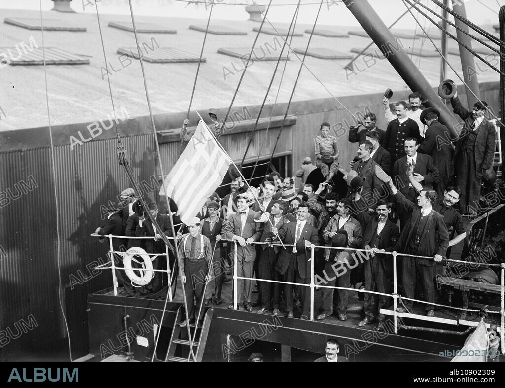 BAIN NEWS SERVICE. Greeks boarding MADONNA, 1912. Taken when Greek immigrants left New York City to return to their country and fight in the first Balkan War, which began in October 1912.