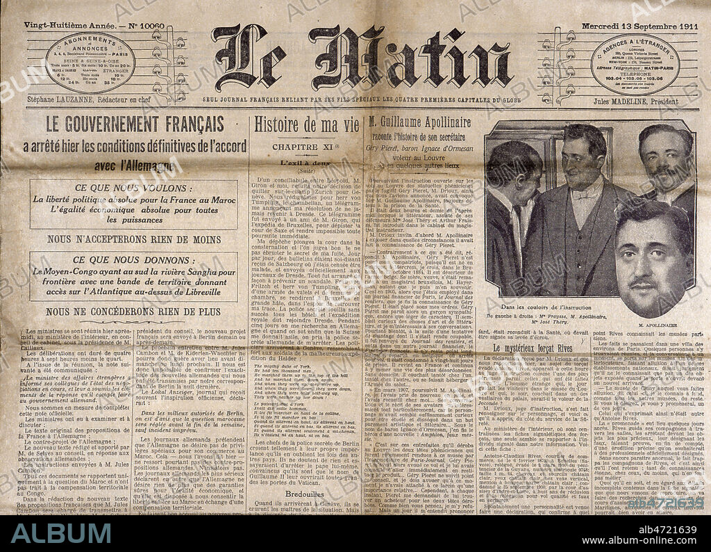 'M. Guillaume APOLLINAIRE (1880-1918) raconte l'histoire de son secretaire', a propos du vol de la Joconde au Louvre. Une du journal Le Matin en 1911. Credit : Collection KHARBINE-TAPABOR.
