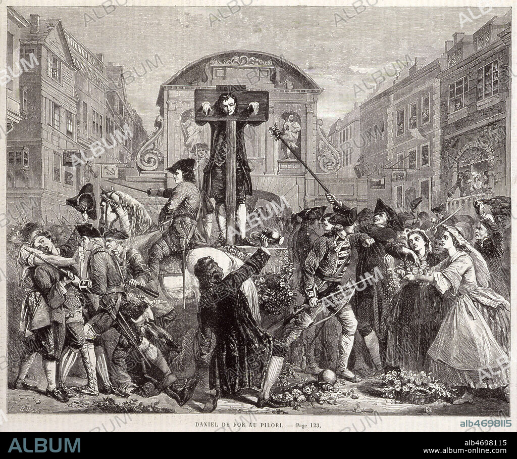 Daniel DEFOE (1660-1731) au pilori : les gens lui offrent des fleurs. Gravure tiree de L'Univers Illustre du 19 mars 1863. Credit : Collection KHARBINE-TAPABOR.