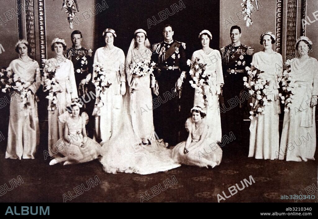 Photograph of the wedding of Prince George, Duke of Kent (1902-1942) and Princess Marina of Greece and Denmark (1906-1968). Also pictured is Prince Albert Frederick Arthur George (1895-1952) and Prince Henry, Duke of Gloucester (1900-1974). Dated 20th Century.