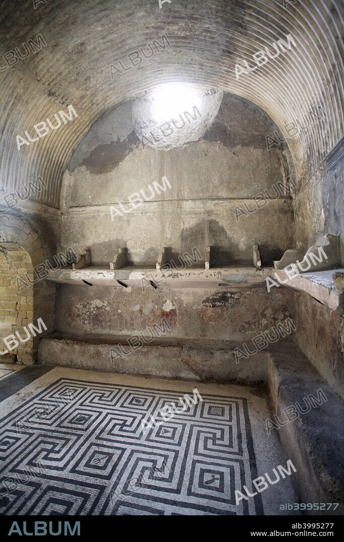 The women's baths at Herculaneum, Italy. Herculaneum is most famous for having been lost, along with Pompeii, Stabiae and Oplontis, in the eruption of Mount Vesuvius beginning on August 24, 79 AD.