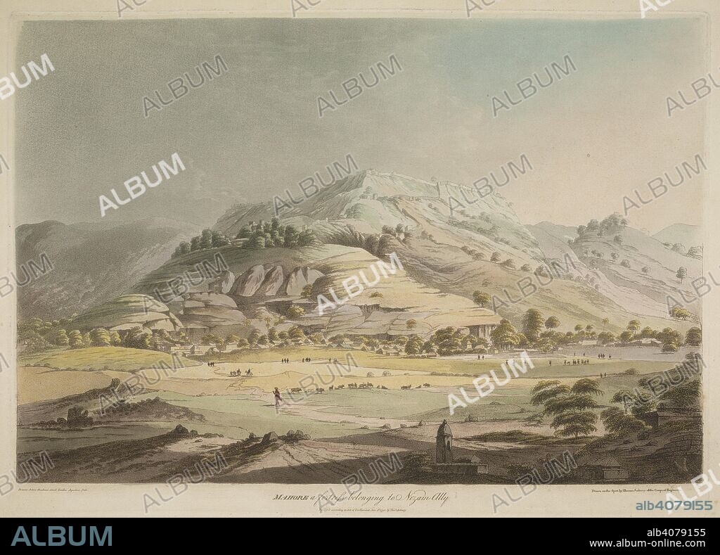 F JUKES. 'Mahore, a fortress belonging to Nizam Ally'. Nizam Ali Khan was as an ally of the British in the Third Mysore War against Tippu Sultan, the Raja of Mysore. Hindoostan Scenery consisting of Twelve Select Views in India. 1798 - 1799. Coloured aquatint. Source: X657(5). Language: English.