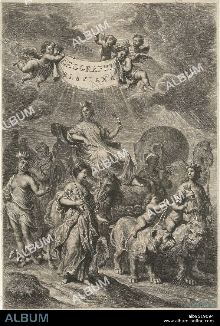 Female personification of Geography on triumphal chariot drawn by lions. Personifications of the continents America, Africa, Asia and Europe with their attributes, such as dromedary and elephant, walk along. Notable is the attribute of America, at her feet walks an armadillo instead of the more usual crocodile or caiman. Small angels in the air hold a cloth with the title of the edition, Female personification of Geography on triumphal chariot and continents America, Africa, Asia and Europe Title page for: Joan Blaeu, Geographia, qva est Cosmographia Blaviana pars prima, Amsterdam 1665 Geographia Blaviana (title on object), print maker: Cornelis van Dalen (II), Govert Flinck, (possibly), print maker: Jan de Visscher, (rejected attribution), Amsterdam, 1648 - 1664 and/or 1665, paper, engraving, h 474 mm × w 306 mm.
