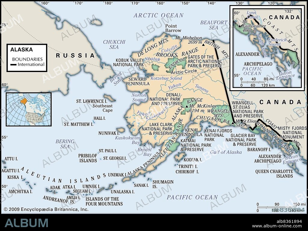 Physical map of Alaska.
