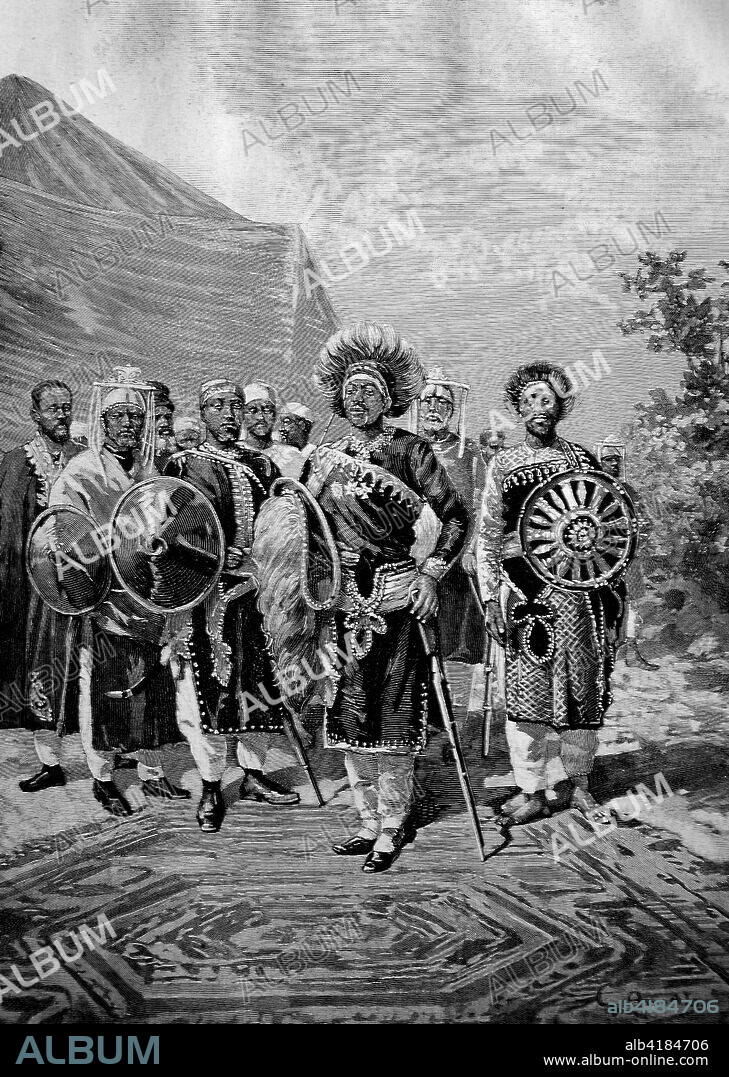 Emperor Menelik II, baptized as Sahle Maryam, 1844 - 1913, was Negus of Shewa, then Emperor of Ethiopia, here with his army, illustration, woodcut from 1880.