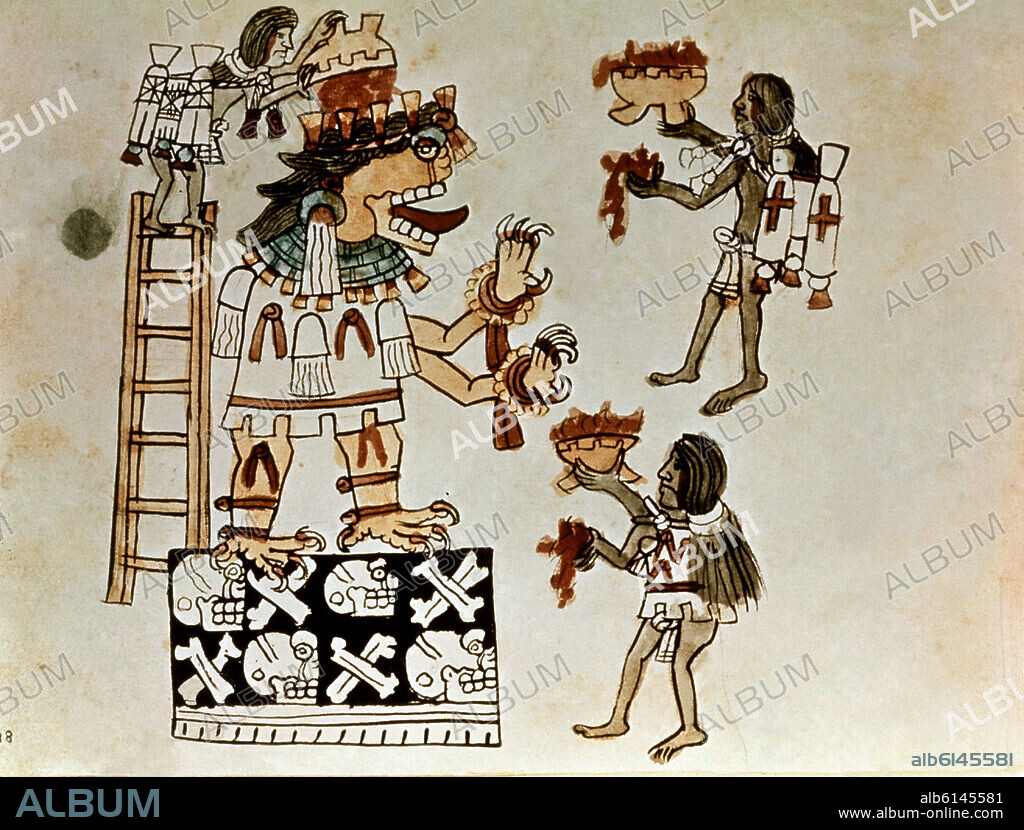 Blood offering to the god of war and sun god Huitzilopochtli. Codex Nuttall. Blood offering to the god of war and sun god Huitzilopochtli. Aztec Codex. Florence, National Library.