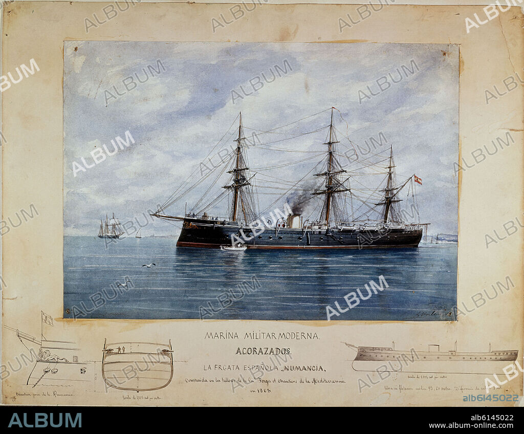 RAFAEL MONLEON. ACORAZADOS MILITARES - FRAGATA ESPAÑOLA NUMANCIA - SIGLO XIX.