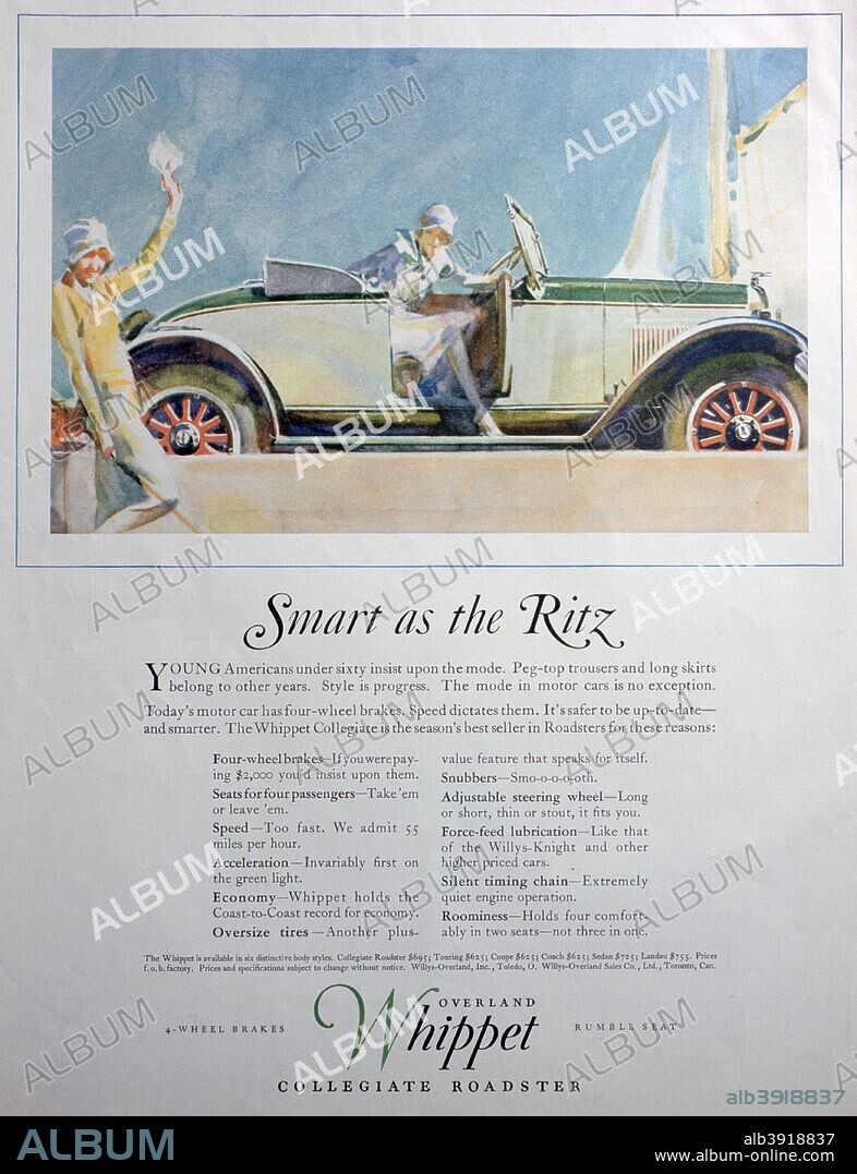 Advert for the Overland Whippet Collegiate Roadster car, 1927. A print from the Ladies' Home Journal, July 1927.