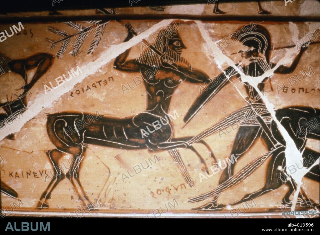 Detail from the Francois Vase, Satyr and Warrior fighting, c6th century BC. Greek Vase signed by Clitias (painter) and Ergotimos (potter), c560 BC. Large Attic volute krater decorated in the black-figure style.  Now at Archaeological Museum, Florence.