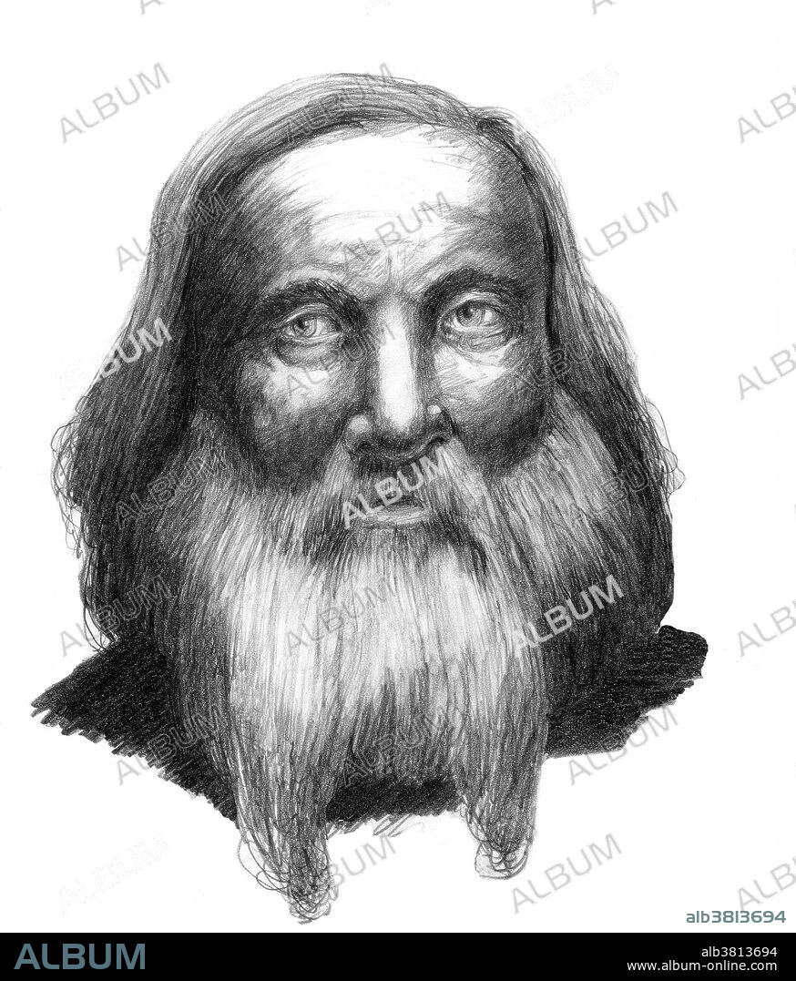 Illustration of Dmitry Ivanovich Mendeleyev (1834-1907), Russian chemist. Mendeleyev (or Mendeleev) was initially an indifferent student, but left college at the top of his class. After attending the 1st Karlsruhe Congress (1860), Mendelayev worked on organizing trends in atomic weights and valency. From this, he developed the first true periodic table of the elements (final version published in 1871). This contained some gaps, but as new elements were discovered to have the properties predicted by the table, Mendeleyev became famous worldwide.