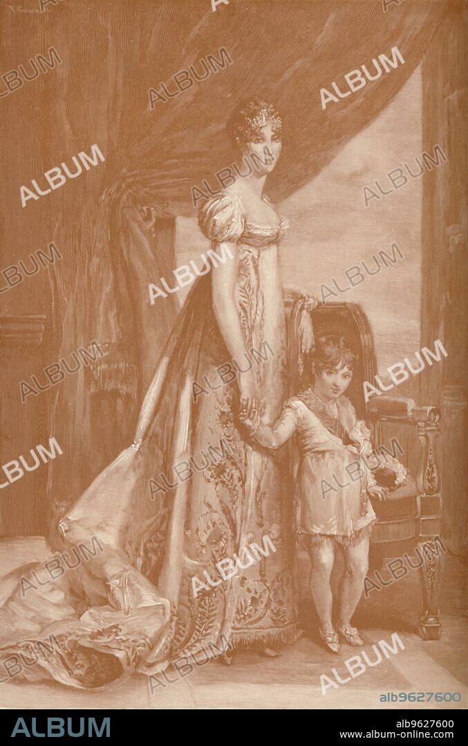 FRANK FRENCH. 'Eugénie-Hortense De Beauharnais - Wife of Louis Bonaparte; Queen of Holland', 1807, (1896). 'The child is Napoleon-Charles, her eldest son, who died in 1807 at the age of five years'. Hortense de Beauharnais (1783-1837, daughter of Napoleon's first wife, Josephine de Beauharnais) and her son Napoléon Louis Charles Bonaparte (1802-1807). Engraving after the painting by François Gérard. From Life of Napoleon Bonaparte, Volume II, by William Milligan Sloane. [The Century Co., Macmillan & Co., Limited, New York & London, 1896].