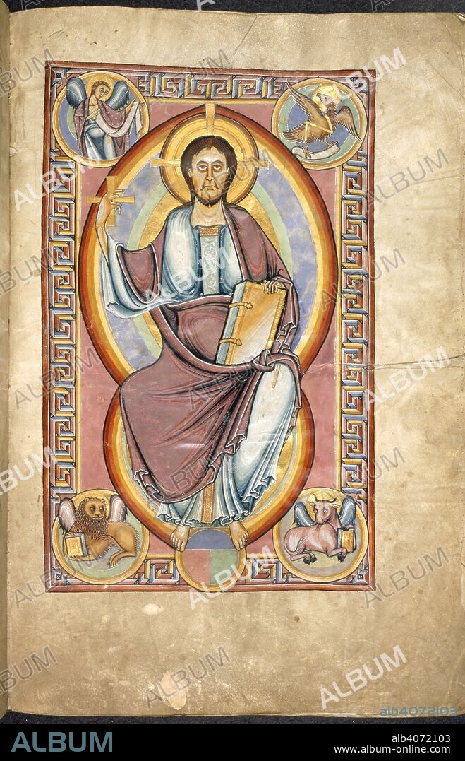Christ in Majesty. Stavelot Bible. S. Netherlands [Stavelot]; between 1094 and 1097. [Whole folio] Preface to the New Testament. Christ in Majesty, with roundels containing the symbols of the evangelists in the corners.  Image taken from Stavelot Bible.  Originally published/produced in S. Netherlands [Stavelot]; between 1094 and 1097. . Source: Add. 28107, f.136. Language: Latin.