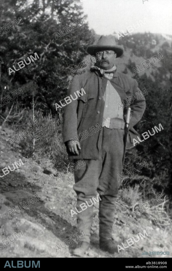 President Theodore Roosevelt in Yellowstone. Photographer unknown, 1903. After his inauguration as president of the United States in 1901 Roosevelt became an even greater champion of conservation. In 1903, he interrupted a national speaking tour to spend two weeks camping in Yellowstone National Park; visited the Grand Canyon and called for its protection; then went to Yosemite, where he and John Muir slept out under the stars for three nights while Muir urged him to make Yosemite Valley part of a larger Yosemite National Park. As president, Roosevelt created five national parks (doubling the previously existing number); signed the landmark Antiquities Act and used its special provisions to unilaterally create 18 national monuments, including the Grand Canyon; set aside 51 federal bird sanctuaries, four national game refuges, and more than 100 million acres' worth of national forests.