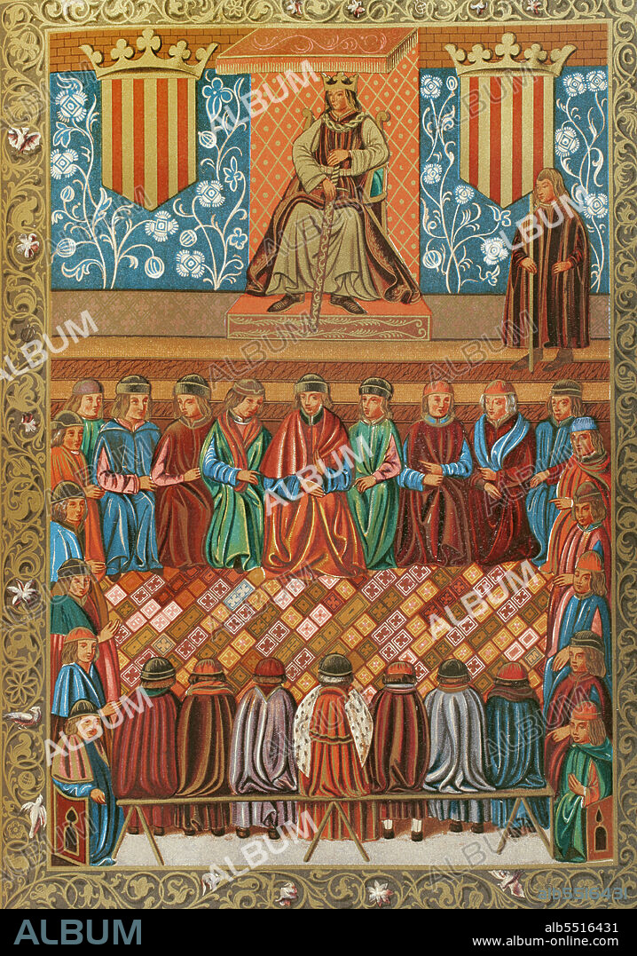 Jaime I de Aragón el Conquistador (1208-1276). Conde de Barcelona y rey de Aragón (1213-1276), de Valencia (1239-1276) y de Mallorca (1229-1276). Ilustración a partir de una miniatura del incunable "Constitucions i altres drets de Catalunya" (1495). Jaime I presidiendo las Cortes de Lérida el 3 de marzo de 1242. A su derecha, el protonotario. Frente a él, en los bancos, representantes de los tres brazos. Cromolitografía. Historia General de España, por Modesto Lafuente. Tomo I. Editada en Barcelona, 1877.