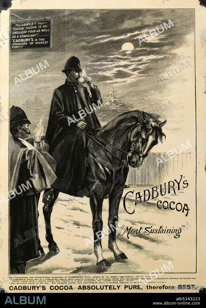 Cadbury's cocoa (Chocolate) advertisement showing two Edwardian era policemen drinking hot cocoa. Circa 1910.
