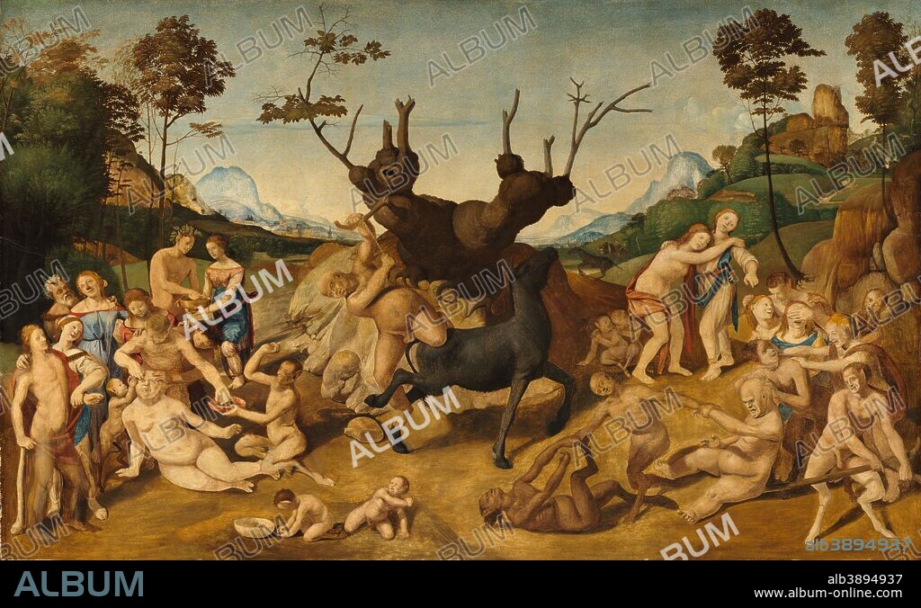 PIERO DI COSIMO. Storia di Silenos, scena: Disavventure di Sileno / The Misfortunes of Silenus. Date/Period: Ca. 1500. Painting. Oil on panel. Height: 80.1 cm (31.5 in); Width: 129.3 cm (50.9 in).