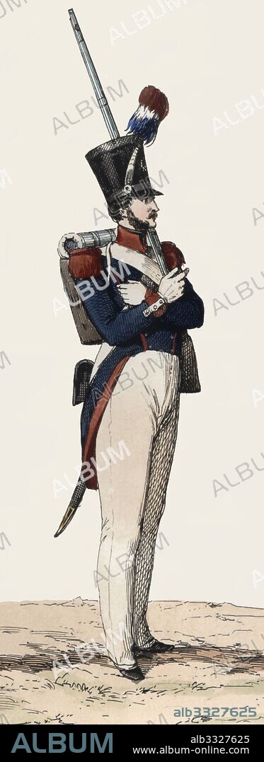 Francia. Uniforme militar. Cazador de la Guardia Nacional en 1830. Grabado de 1850.
