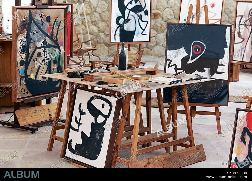 Studio with paintings by Joan Miró, Taller Sert, Fundació Pilar i Joan Miró, Palma de Majorca, Majorca, Balearic Islands, Spain