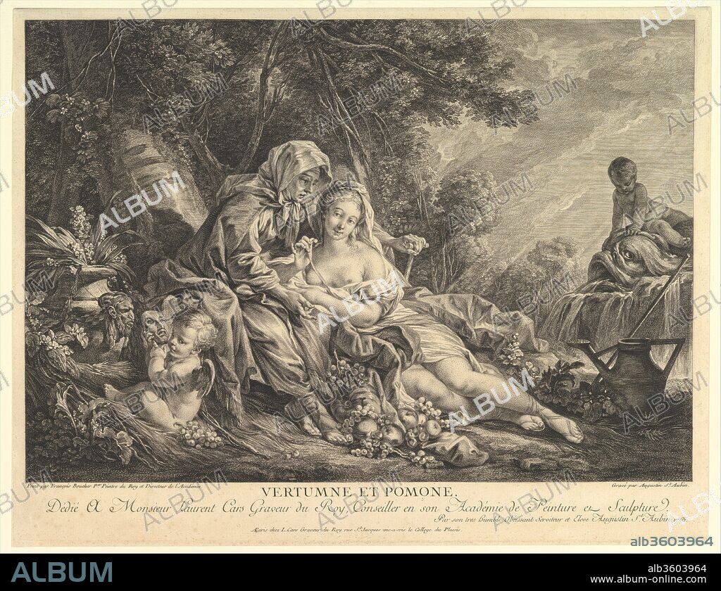 Vertumnus and Pomona. Artist: After François Boucher (French, Paris 1703-1770 Paris); Augustin de Saint-Aubin (French, Paris 1736-1807 Paris). Dimensions: Sheet: 14 3/8 × 18 1/2 in. (36.5 × 47 cm). Publisher: Laurent Cars (French, Lyons 1699-1771 Paris). Date: 1765.