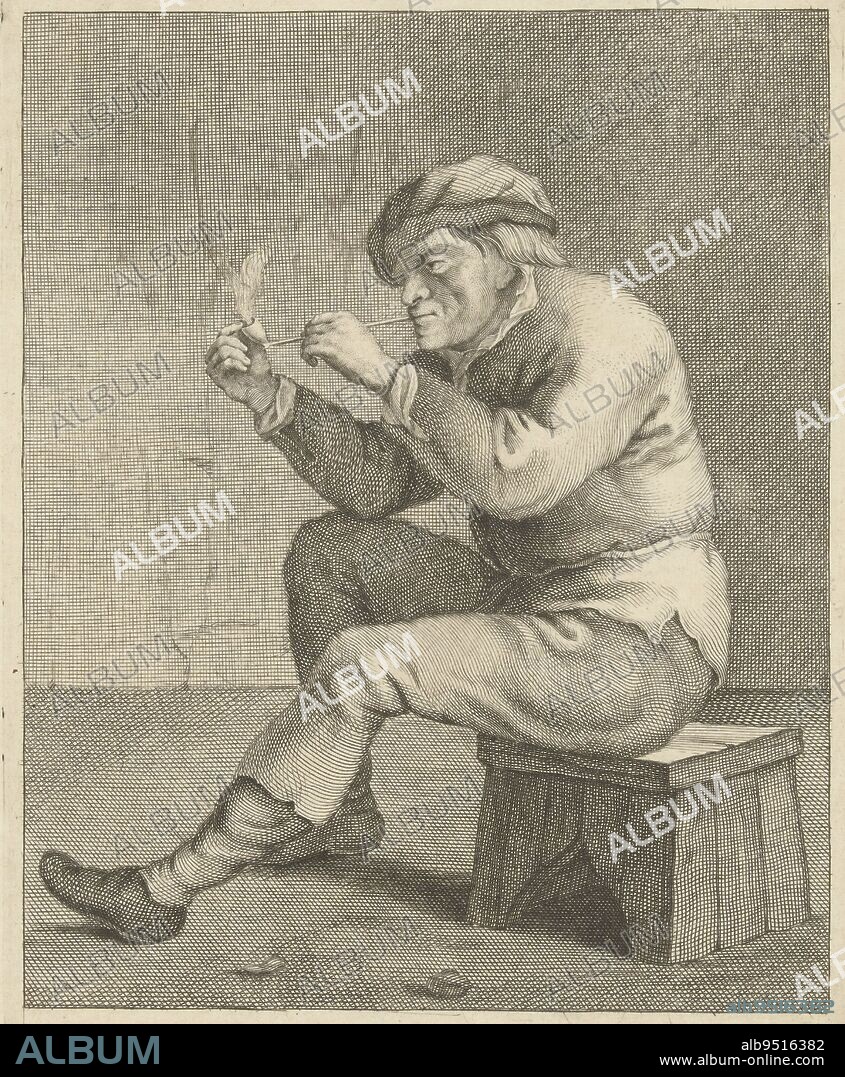 Man smoking pipe sitting on a stool, Abraham Delfos, after Adriaen Brouwer, after David Teniers, 1741 - 1820, print maker: Abraham Delfos, after: Adriaen Brouwer, after: David Teniers, (rejected attribution), Leiden, 1741 - 1820, paper, engraving, etching, h 189 mm × w 146 mm.