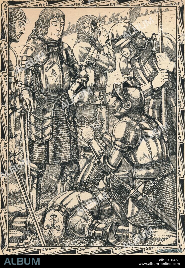 'Richmond at Bosworth, 1902. Battle of Bosworth Field, 22 August 1485. Richard III (1452-1485), last Yorkist king of England from 1483. Richard was killed on the battlefield and the crown passed to the Lancastrian champion, Henry Tudor (1457-1509) who, as Henry VII, became the first Tudor monarch of England. Bosworth was the decisive battle in the Wars of the Roses (1455-1487), the struggle between the houses of York and Lancaster for the throne of England. After a work by Patten Wilson (1869-1934). From A Child's History of England by Charles Dickens [J. M. Dent & Co., New York, 1902].