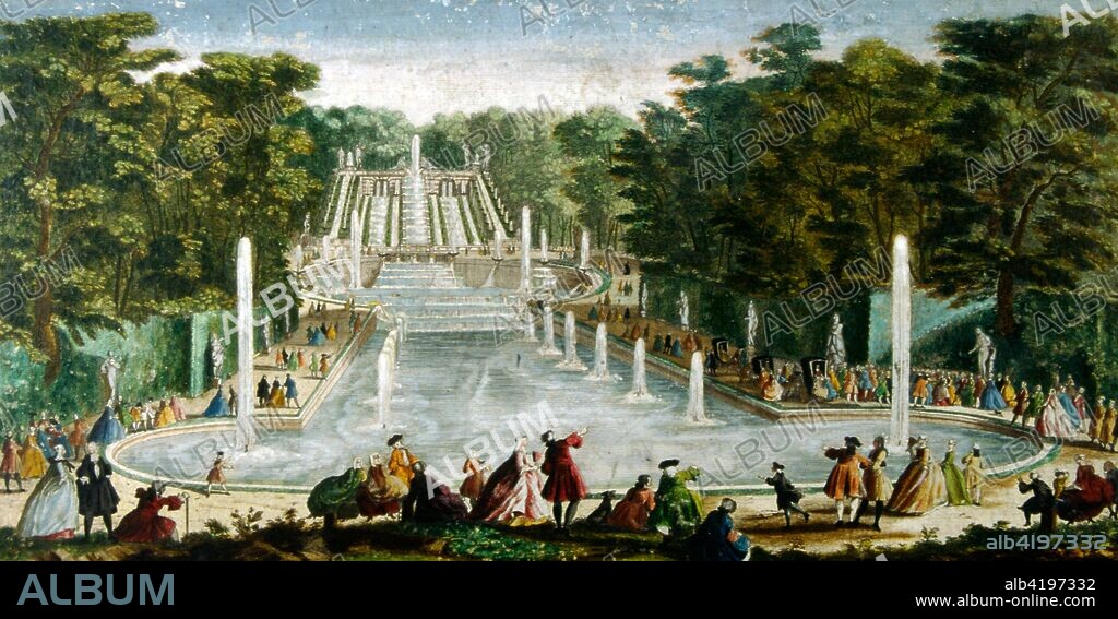 18th century Illustration showing the fountain of the Chateau de Saint-Cloud, a palace in France, built on a site overlooking the Seine at Saint-Cloud in Hauts-de-Seine, west of Paris. The chateau was expanded by Phillipe of France, Duke of Orleans in the 17th century, and finally enlarged by Marie Antoinette in the 1780s. After occupation by Napoleon I and Napoleon III, the chateau was destroyed in 1870 during the Franco-Prussian War.