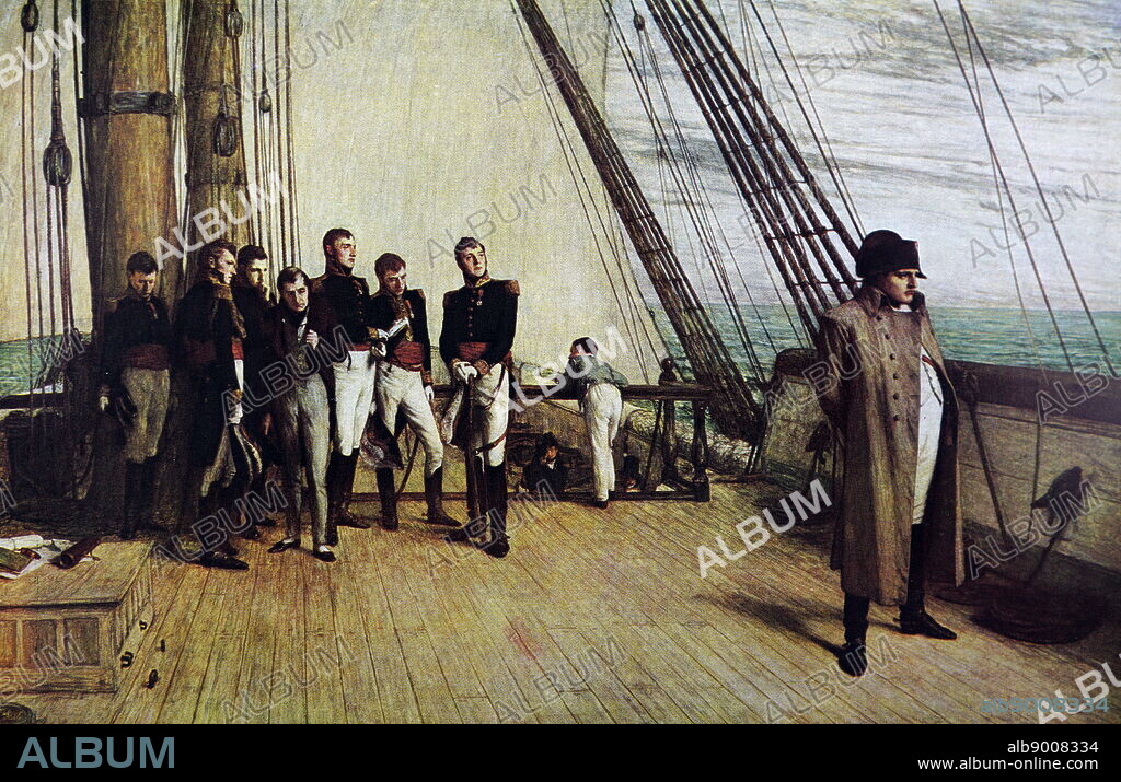 Painting titled 'Napoleon on the Bellerophon' by Sir William Quiller Orchardson. Sir William Quiller Orchardson (1832-1910) a Scottish portraitist and painter.
