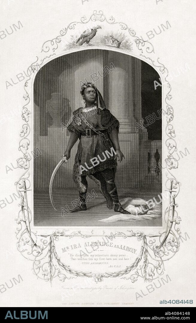 Engraving of Ira Aldridge as Aaron in 'Titus Andronicus'. The Complete Works of Shakspere, revised from the original editions. With historical and analytical introductions to each play, also notes explanatory and critical, and a life of the poet. By J. O. Halliwell, and other eminent commentators. (The doubtful plays of Shakspere ... revised. Accompanied with ... introductions ... and notes ... by H. Tyrrell.). London ; New York : J. Tallis & Co., [1851-53]. Source: 2300.h.5. Language: English.