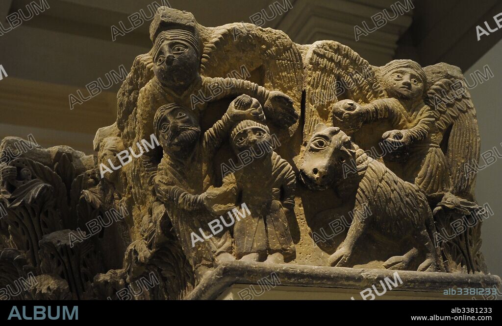 Capitals from the Camarasa pillar depicting the Binding of Isaac. Last quarter of 12th century. Anonymous. From the Church of Saint Michael (San Miquel) of Camarasa, Lleida province. National Art Museum of Catalonia. Barcelona. Catalonia. Spain.