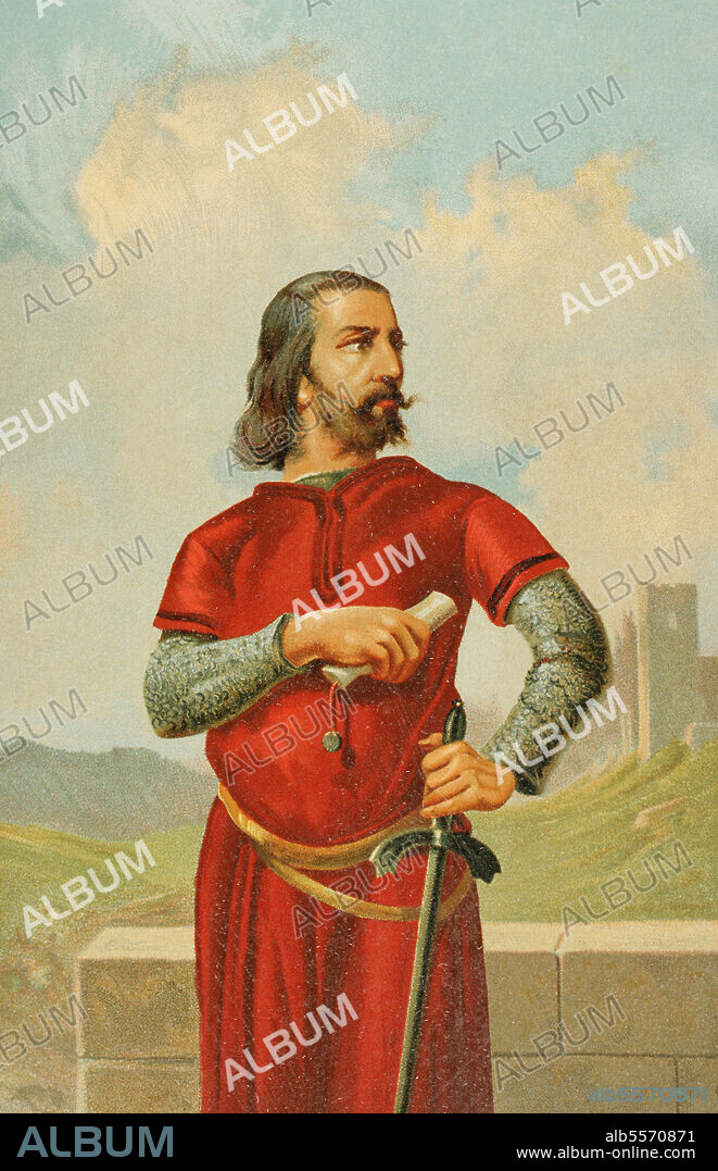 Rodrigo Díaz de Vivar, known as El Cid Campeador (ca. 1043-1099). Castilian nobleman, knighted by the infante Sancho. He took part in the battles of Llantada and Golpejera against Alfonso VI, and the Siege of Zamora. Chromolithography. "Historia Universal" (Universal History), by César Cantú. Volume V. Published in Barcelona, 1884.
