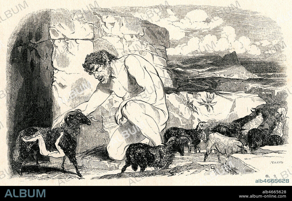 Ulysse s'echappent de la grotte du cyclope Polypheme accroche sous un belier (Livre IX). Illustration de 1842 par Theodore DEVILLY (1818-1886) pour L'Odyssee de HOMERE traduit par Eugene BARESTE (1814-1861). Credit : Collection Jonas/Kharbine-Tapabor.