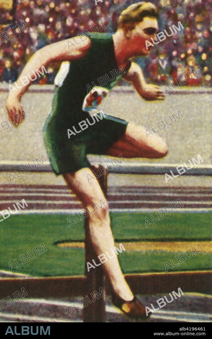 Sid Atkinson of South Africa, winner of the 110m hurdles, 1928. Atkinson (1901-1977) won gold medal in the Men's 110m hurdles at the 1928 Summer Olympics, held in Amsterdam. From "Die Welt in Bildern", (The World in Pictures), cigarette card album, c1928. [Georg A Jasmatzi, A.-G., Dresden, Germany].