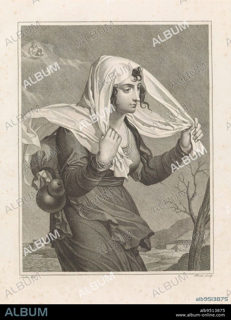 Pluviôse (January 20 - February 18), The Twelve Months of the French Republican Calendar (series title), Les Mois républicains (series title), Personification of Pluviôse, or Rain Month (Aquarius, January 20 - February 18) as a woman tying a kerchief against the rain., print maker: Salvatore Tresca, (mentioned on object), after drawing by: Louis Lafitte, (mentioned on object), Paris, 1792 - 1794, paper, engraving, etching, height 349 mm × width 266 mm.