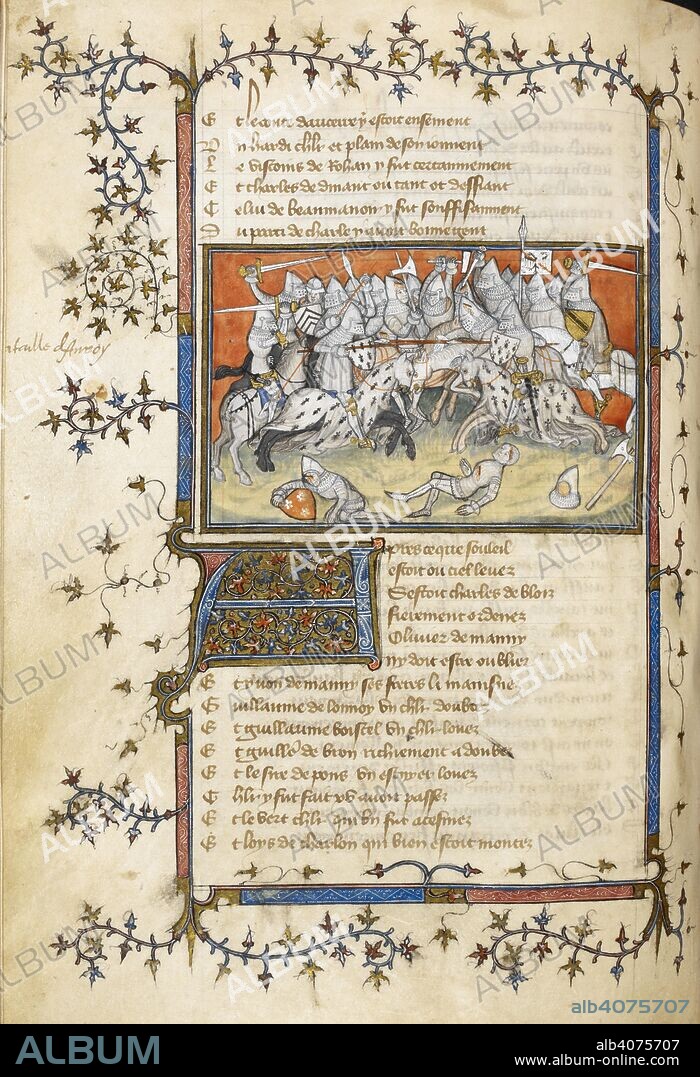 JEAN CUVILIER. Bertrand Du Guesclin fighting at the battle of Auray. Mounted soldiers in armour with axes and swords. The trappings on the horses and shields are decorated with heraldic emblems. Text with decorated initial 'A'. Life of Bertrand Du Guesclin. France [probably Paris]; circa 1400. Source: Yates Thompson 35, f.90v. Language: French.