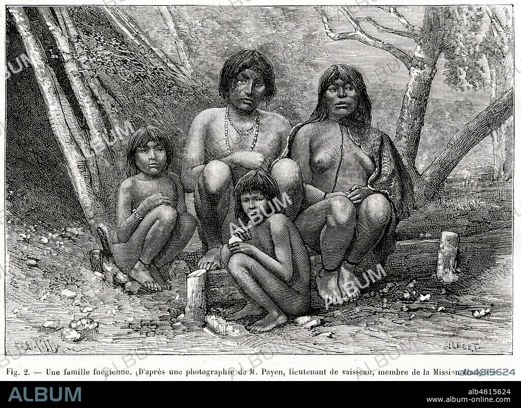'Une famille fuegienne'. Habitants de la Terre de Feu. Illustration d'apres Payen tiree de la revue La Nature du 12 avril 1884. Credit : Collection KHARBINE-TAPABOR.