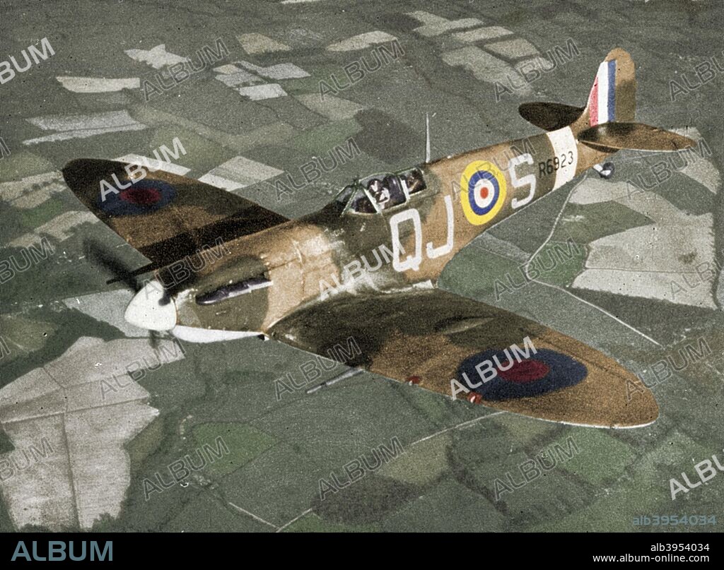 Supermarine Spitfire Mk Vb, 1941. The iconic British Second World War fighter was designed by Reginald Mitchell. Powered by a Rolls-Royce Merlin engine, the Spitfire was integral to Britain's front-line air defences during the war and, together with the Hawker Hurricane fighter, played a crucial role in the Battle of Britain. The Mk V was introduced in 1941. A print from British Fighters, by Lawrence Fairhall, London Robert Ross & Co Ltd, 1941. (Colorised black and white print).