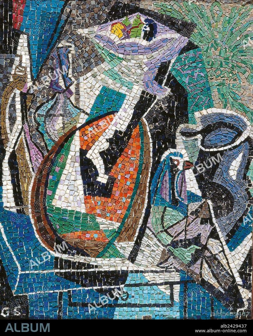 GINO SEVERINI. Italy, Latium, Rome, Private collection. Whole artwork view. Still life depicting a mandolin on a small table, some bottles and a jug, realized with blue, white, green, red and black mosaic tesserae. Still life with mandolin (Natura morta con mandolino), by Severini Gino, 1950 - 1951, 20th Century, polychrome mosaic.