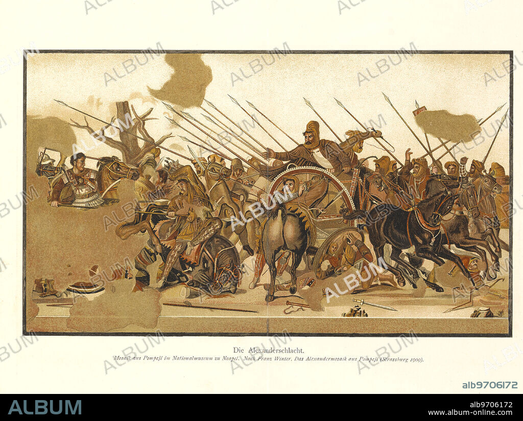 Alexander the Great versus Darius III of Persia during Battle of Issus, Tile Mosaic discovered from the ruins of Pompeii, National Museum of Naples, Strasbourg, 1909.