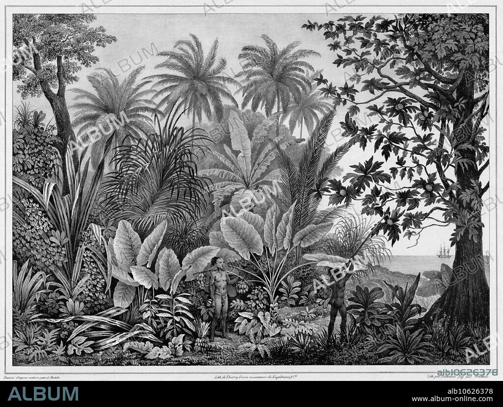 GODEFROY ENGELMANN, EMILE-CHARLES WATTIER y ALEXANDER POSTELS. View of Lukunor Island, Lower Caroline Islands, 19th century. One of 65 lithographs that were included in the volume of maps published after the round-the-world voyage of the corvette Seniavin commissioned by Tsar Nicholas I and carried out in 1826-29 under the command of Captain Fedor Litke (the Russian version of the name of Count Friedrich Lu¨tke, a Baltic German). The expedition began in Kronstadt (the main imperial Russian naval base near Saint Petersburg where Russian circumnavigations typically began and ended); it then traveled around Cape Horn to the Pacific Ocean. This voyage was one of many Russian scientific naval surveys in the first part of the 19th century.
