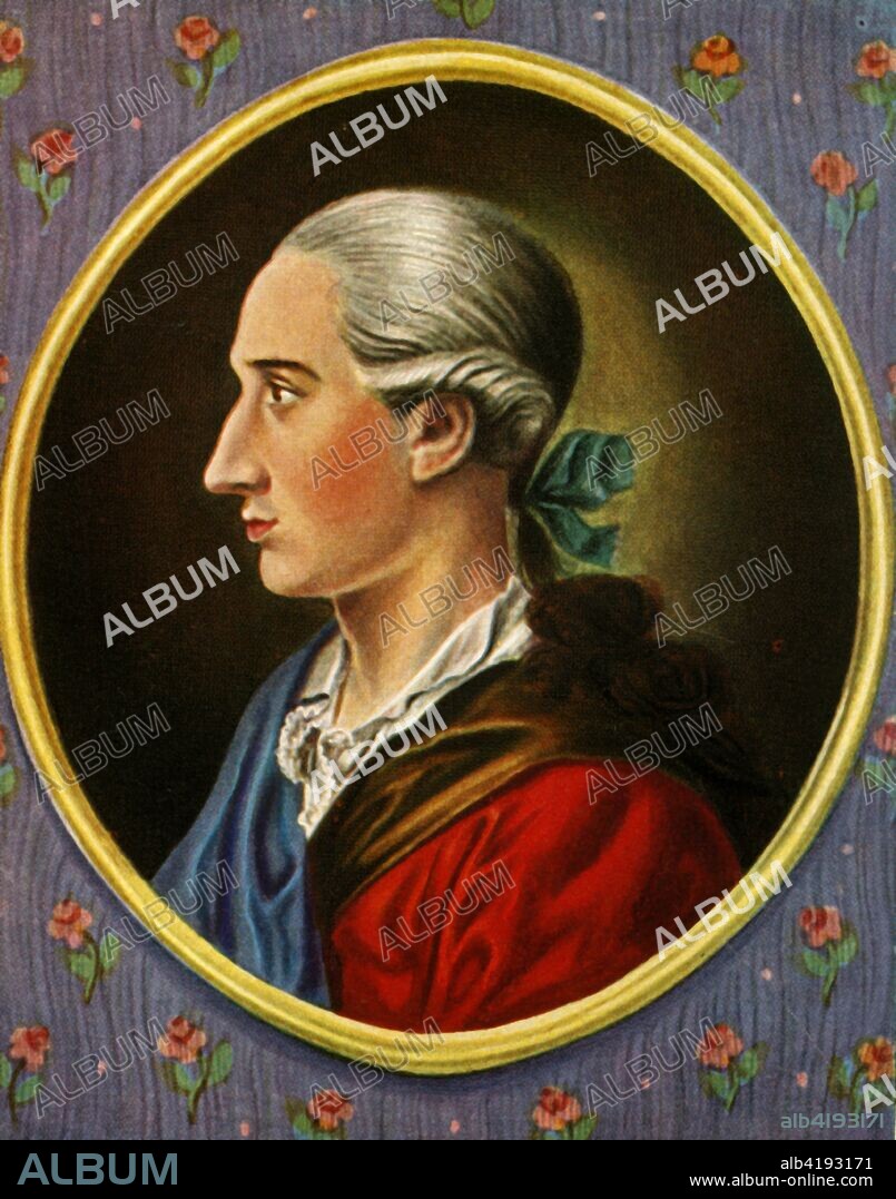 'Johann Wolfgang Von Goethe', (1933). Portrait of German writer, poet, dramatist and scientist Johann Wolfgang von Goethe (1749-1832). Goethe was chief minister of state at Weimar. He is best known for his dramatic poem "Faust". After a miniature of 1773 by Johann Daniel Bager. From "Gestalten Der Weltgeschichte", a book of cigarette-card portrait miniatures of figures in world history from the last four hundred years. [Germany, 1933].