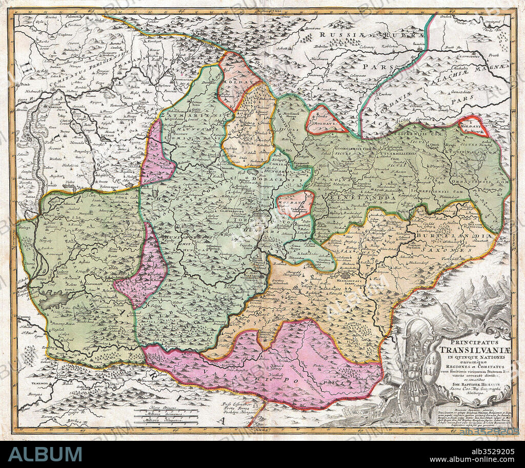 1720, Homann Map of Transylvania, Romania.