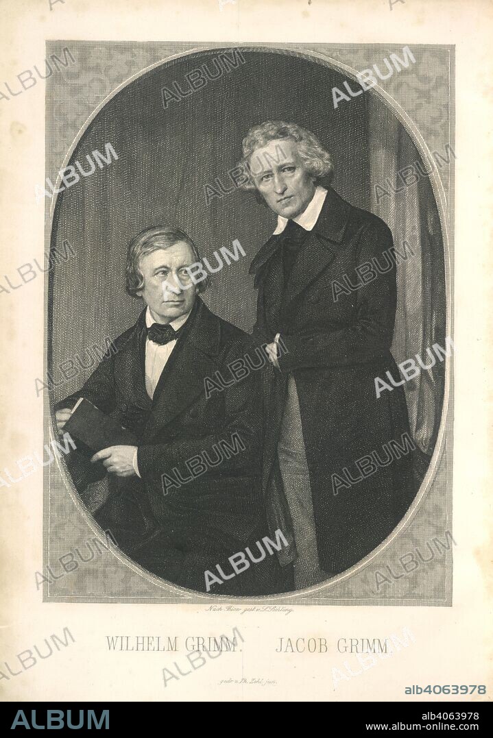 Wilhelm and Jacob Grimm. Deutsches Woerterbuch /Jacob Ludwig Karl Grimm and. Leipzig : [s.n.], 1854. Wilhelm Carl Grimm (1786-1859) and Jacob Ludwig Carl (1785-1863). German folklorists and philologists. Portrait.  Image taken from Deutsches Woerterbuch /Jacob Ludwig Karl Grimm and Wilhelm Karl Grimm. Bd. 1, A-Biermolke.  Originally published/produced in Leipzig : [s.n.], 1854. . Source: W9/7274, opposite title page.