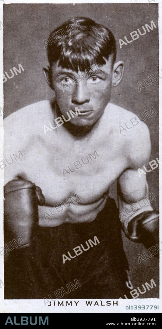 Jimmy Walsh, British boxer, 1938. A lightweight, Walsh (1913-1964) fought 91 times during his career, with 68 wins, 20 losses, 2 draws and 1 no contest. He won the British title in 1936 by a technical knockout of Jack 'Kid' Berg. He successfully defended it against Harry Mizler later the same year but lost the belt in 1938 to Dave Crowley on points. A Churchman's Cigarettes picture card.