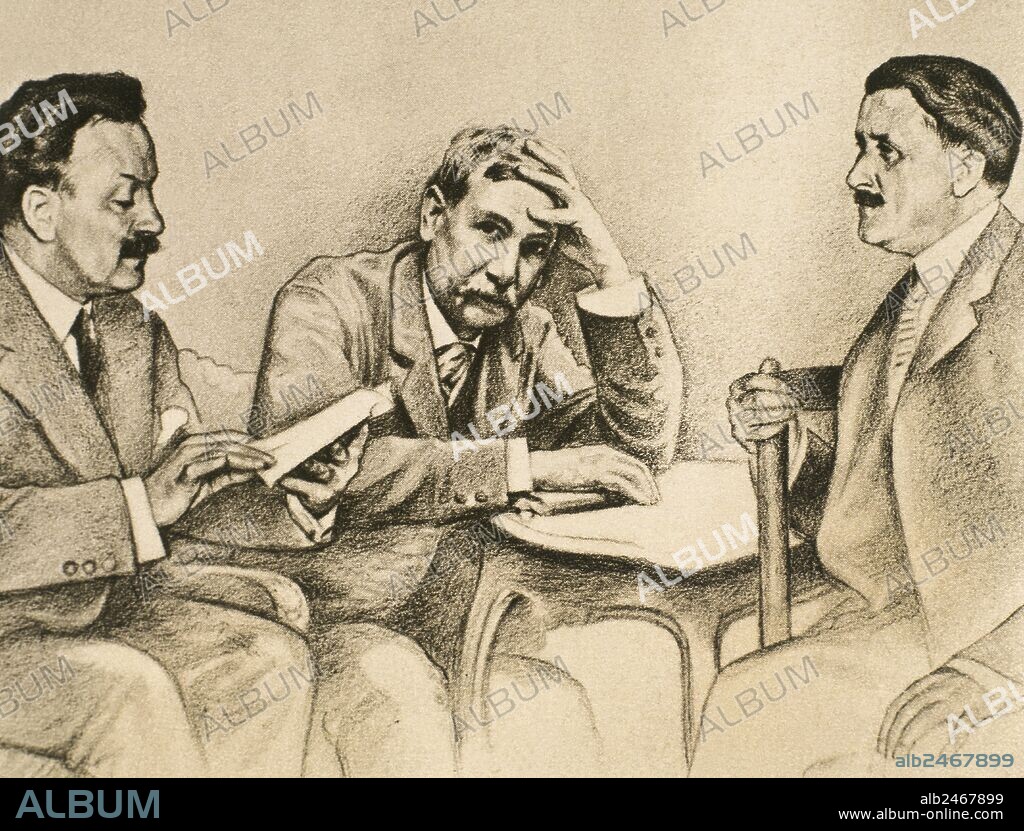 Serafin and Joaquin Alvarez Quintero (Searfi_n, 1871-1938; Joaqui_n, 1873-1944). Spanish playwrights. Drawing where they represent reading Benito Perez Galdos, his adaptation of "Marianela".