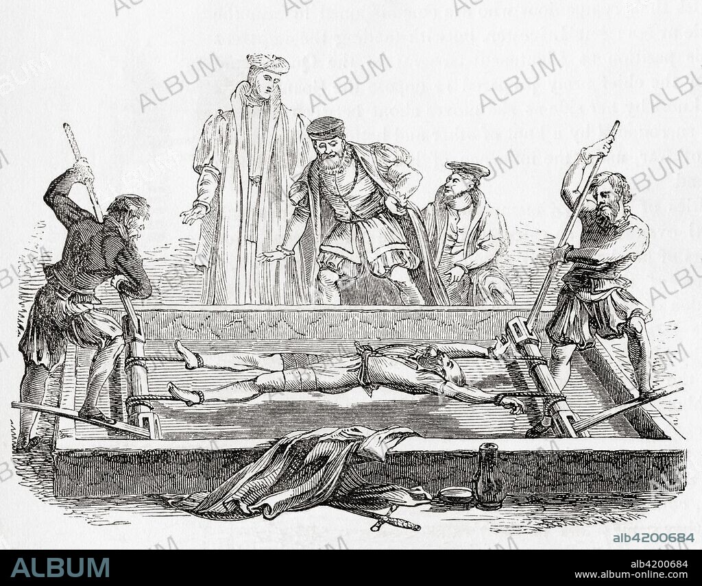 Cuthbert Simpson, also Symson, Simson or Symion, tortured on the rack in the Tower of London, during the Marian persecution, 1558. He was burnt at Smithfield in the same year, along with two other Protestant martyrs.  From Old England: A Pictorial Museum, published 1847.