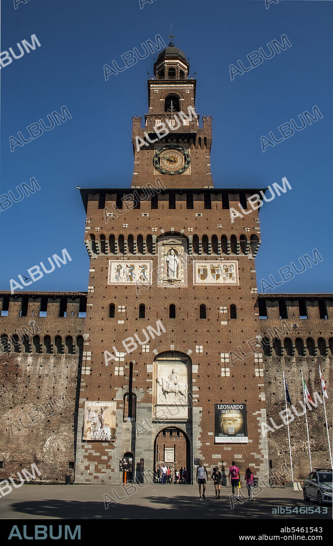Milan, Lombardy, Italy, Europe. Sforza's Castle (Castello Sforzesco), was built in 15th Century by duke Francesco Sforza, is situated in the center of the city. Filarete Gate (Porta del Filarete) or Tower Umberto I, the main entrance of the castle.
