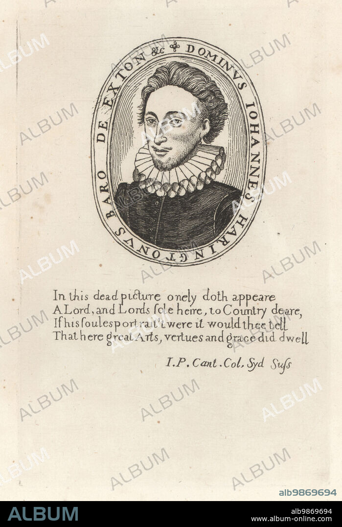 John Harington, 2nd Baron Harington of Exton, 1592-1614. English courtier and politician, Lord Lieutenant of Rutland and Baron Harington of Exton. Oval portrait in ruff collar and doublet. Dominus Johannes Haringtonus, Baro de Exton. From his funeral sermon. Copperplate engraving from Samuel Woodburns Gallery of Rare Portraits Consisting of Original Plates, George Jones, 102 St Martins Lane, London, 1816.