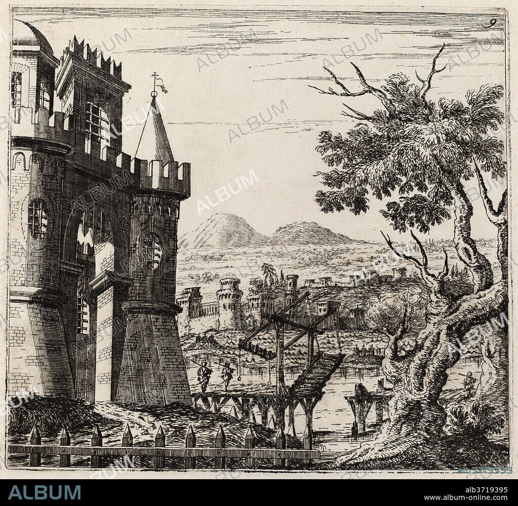 GIUSEPPE ANTONIO LANDI. Landscape with a Castle and a Drawbridge. Dated: before 1753. Dimensions: plate: 16.2 x 17.6 cm (6 3/8 x 6 15/16 in.)  sheet: 23.7 x 34 cm (9 5/16 x 13 3/8 in.). Medium: etching and engraving on laid paper.