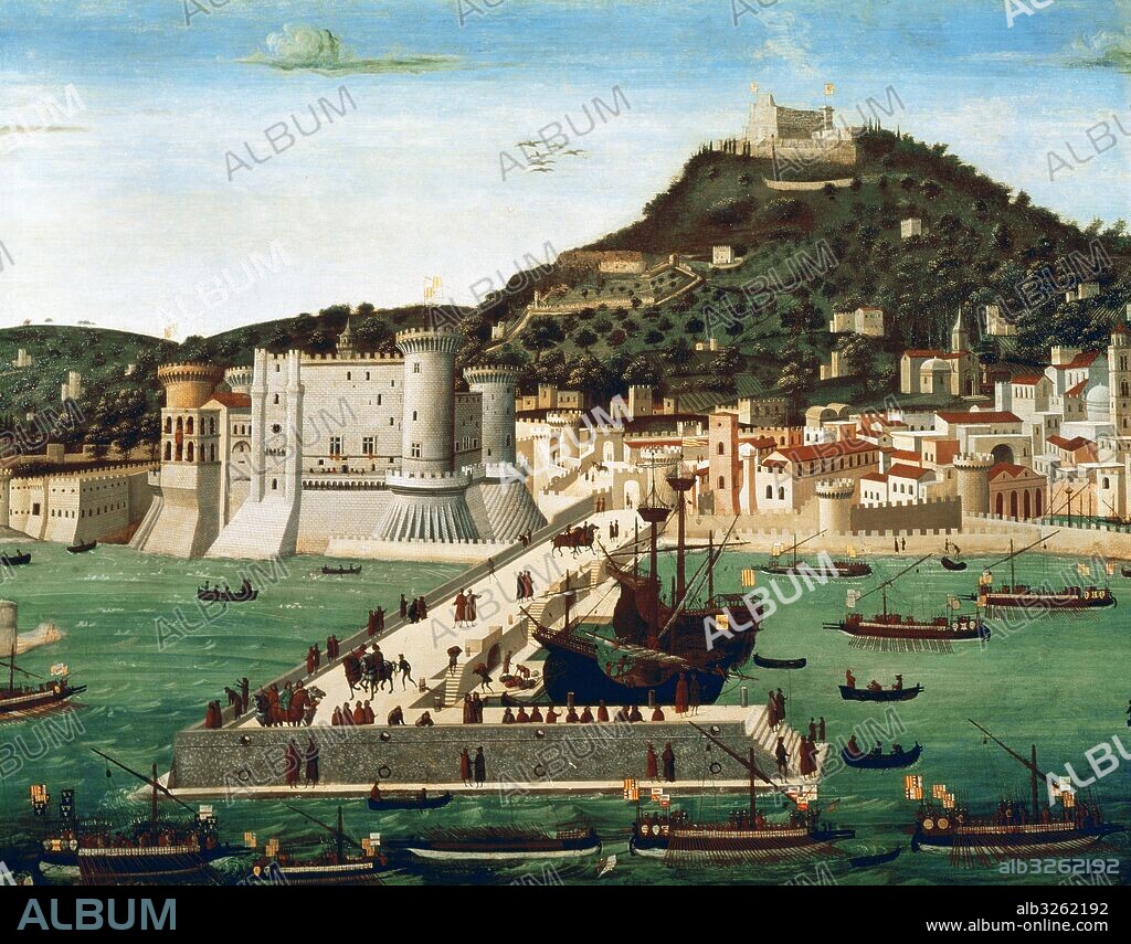 La Tavola Strozzi. View of Naples from 15th century. City and trading port. Attributed by Francesco Rosselli, 1472. Aragon Crown domination.