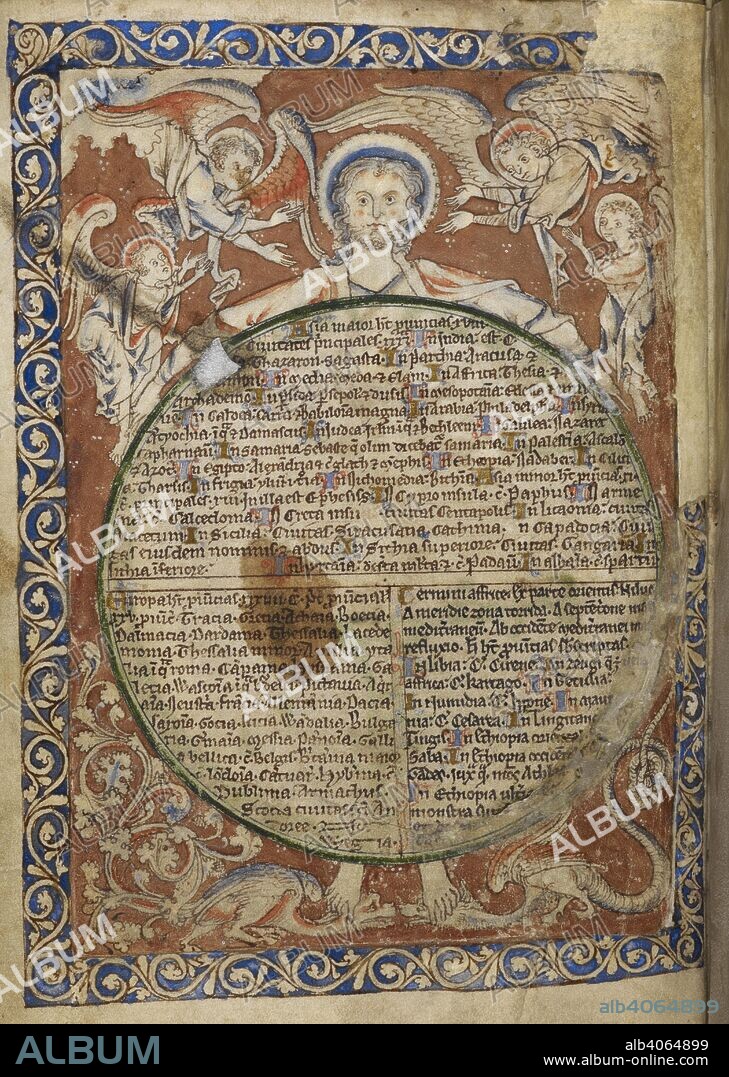 Roundel containing text. Angels. Figure with halo. Latin Psalter, with canticles, litany, etc. 13th century-15th century. Source: Add.28681 f.9v.